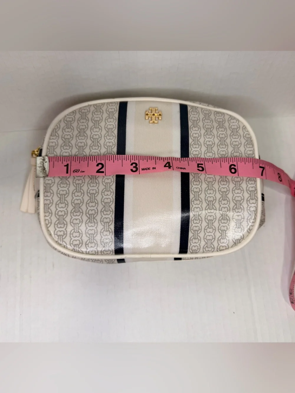 Blue Tory Burch Gemini Link Stripe Makeup Bag With vertical striped design